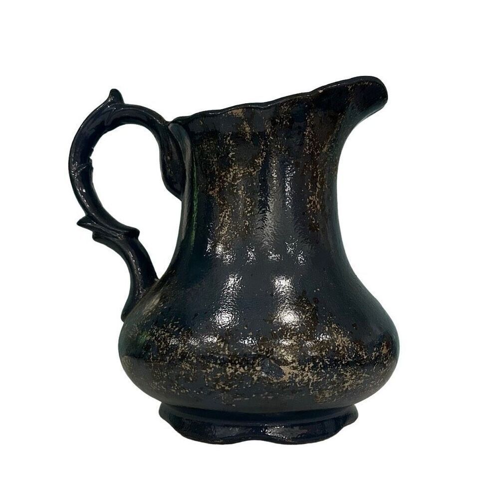 Vintage Ceramic Pottery Pitcher 10" Tall Dark Blue With Decorative Handle